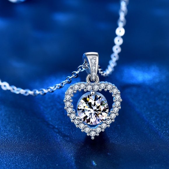 Certified 1ct. t.w. Moissanite Diamond Heart Halo Pendant Necklace NEW - Picture 1 of 10
